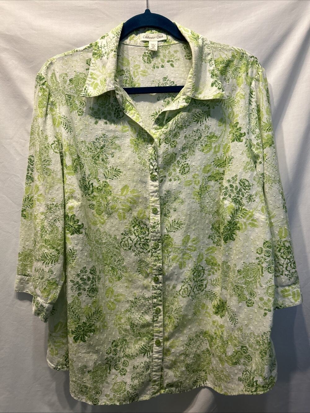 Coldwater Creek Woman 2x Fitted Button Up Leafy Floral Swiss Dot Lightweight